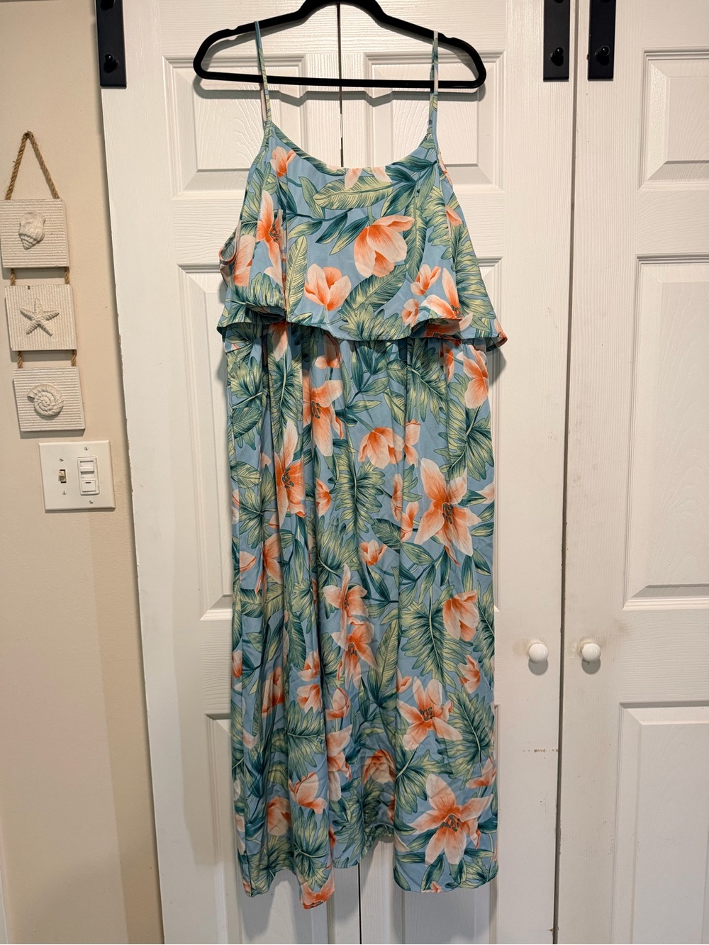 Women’s plus  Tropical Floral Cold Shoulder Blue & Peach Maxi Dress 4XL